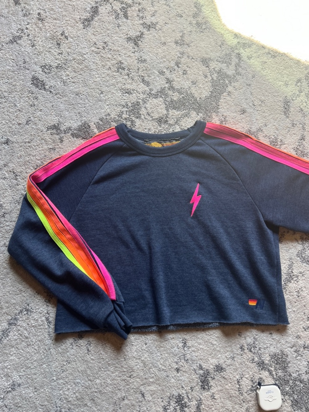 Aviator Nation Navy Cropped Sweatshirt with Neon Rainbow Stripes